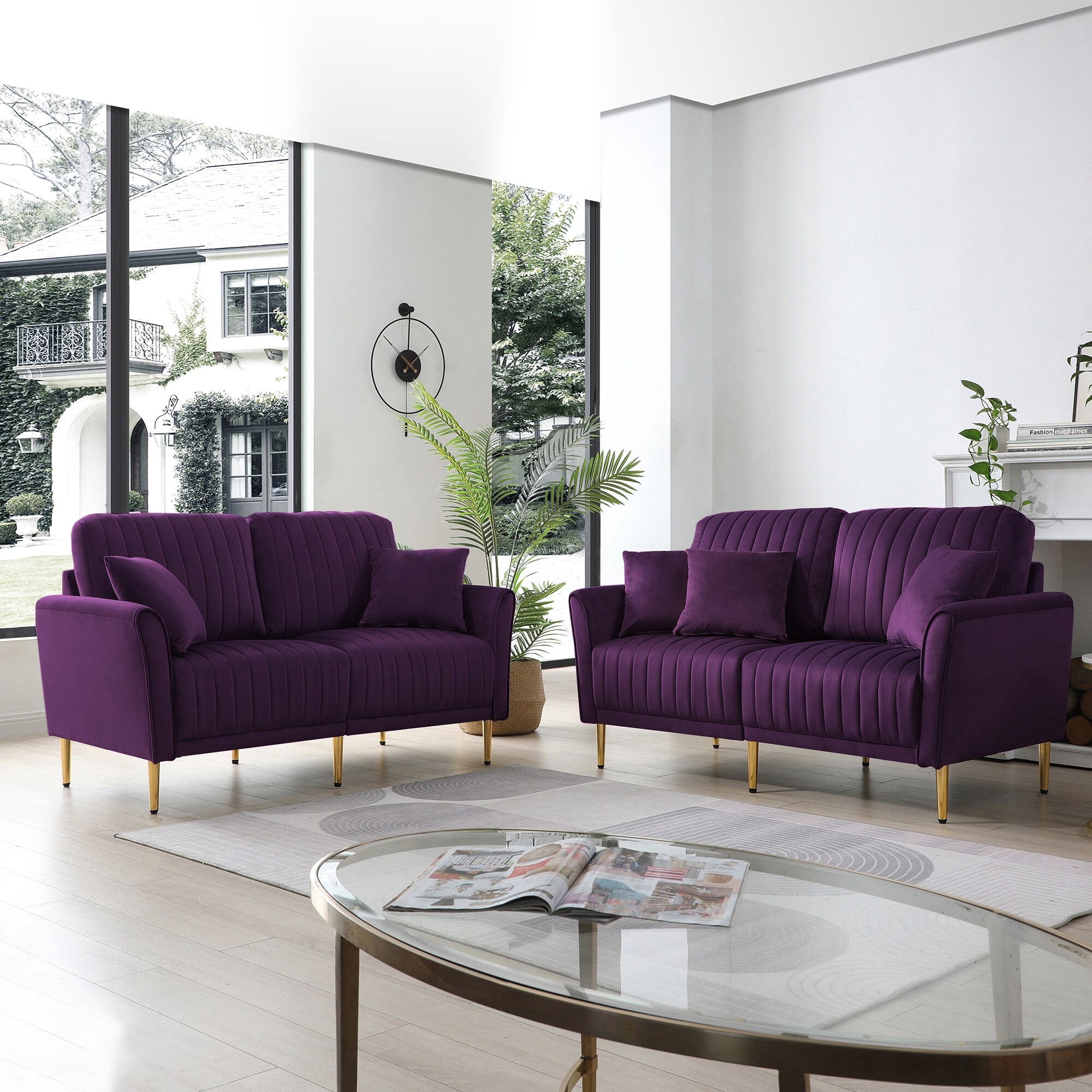 Purple Modern Luxurious Velvet Sofa Set with Removable Tufted Cushions 2 Loveseat 4 Pillows